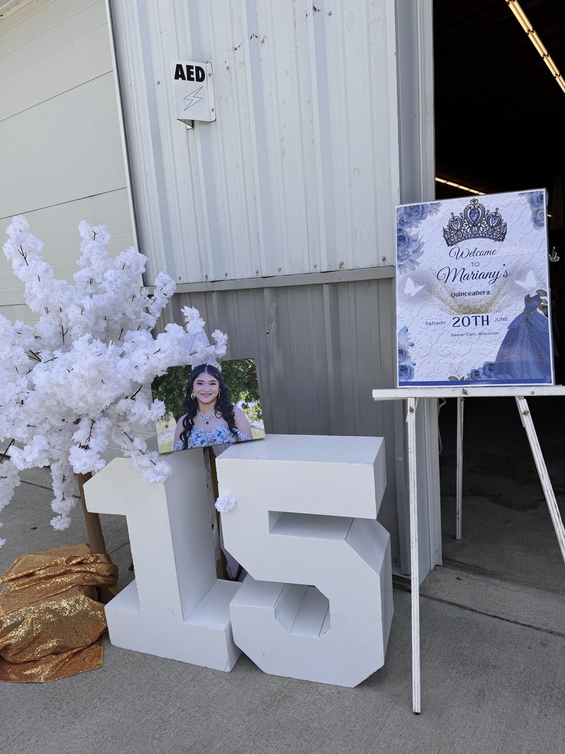 Quinceañera welcome sign with white floral decor and large number 15